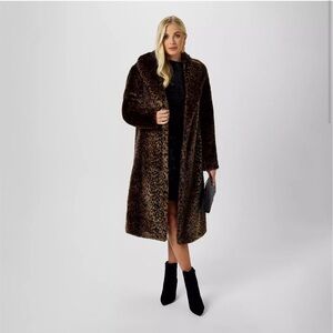 BIBA Brown & Black Faux Fur Leopard-Print Mid-Long Coat SZ: S or UK: 10 / NWT